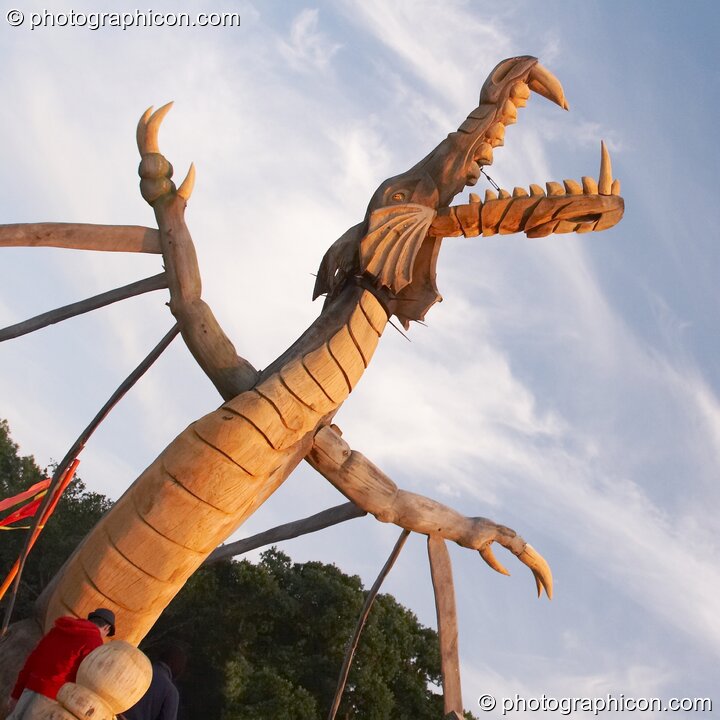 The Tree Pirates Dragon chainsaw sculpture in the King's Meadow (Sacred Space) at Glastonbury Festival 2008. Pilton, United Kingdom. © 2008 Photographicon