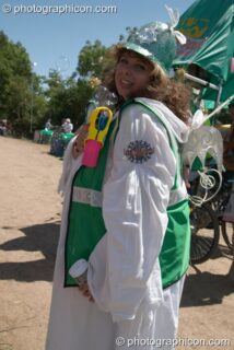 Green Police woman armed with bubble gun at Glastonbury Festival 2004. Pilton, United Kingdom. © 2004 Photographicon