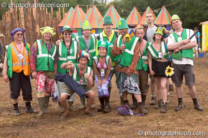 Group photo of the Green Police in King's Meadow at Glastonbury Festival 2005. Pilton, United Kingdom. © 2005 Photographicon