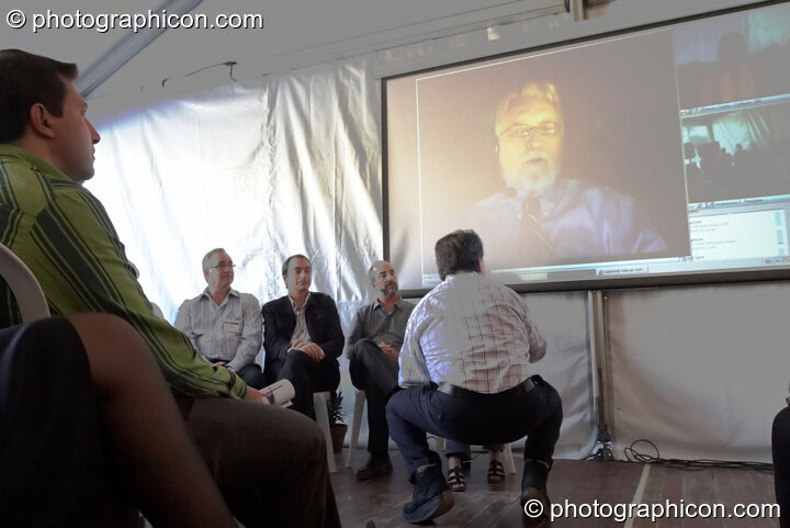 A group teleconference with Neale Donald Walsch at the Renaissance2 Great Shift Gathering 2009. Perpignan, France. © 2009 Photographicon