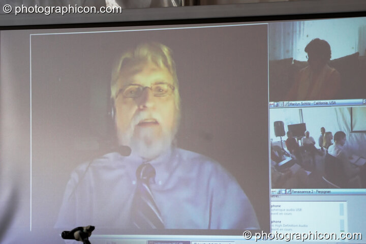 A group teleconference with Neale Donald Walsch at the Renaissance2 Great Shift Gathering 2009. Perpignan, France. © 2009 Photographicon