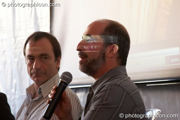 Gareth Stragemore-Jones and Terry Patten on a group teleconference at the Renaissance2 Great Shift Gathering 2009. Perpignan, France. © 2009 Photographicon
