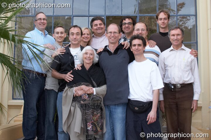 The Worldshift Alliance team at the Renaissance2 Great Shift Gathering 2009.  Left to right, upper row: David Woolfson, Cullen Kowalski, Claudia Welss, Robin Wood, Darrell Laham, Hendryk Obenaus;  lower row: Gareth Strangemore-Jones, Barbara Marx Hubbard, Graham Boyd, Dominic Search, Matthias Lehmann, Alain Gautier. Perpignan, France. © 2009 Photographicon