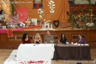 Discussion  panel - What is Love? - at London Festival of Tantra 2009.  Left to right: Rita Hraiz, Mahasatvaa Ma Ananda Sarita, Kip Moore, Maa Parvathi Nandanath Saraswati, Bernadette Vallely. London, United Kingdom. © 2009 Photographicon
