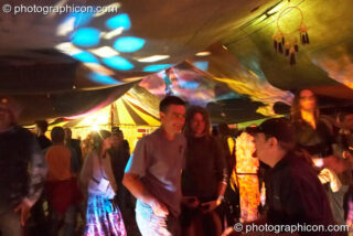 Dancers, decor, and lighting show in the Progressive Tent at Planet Bob's Offworld Festival 2007. Swindon, United Kingdom. © 2007 Photographicon