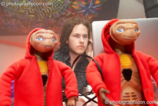Fromem Ory (Alex Story - Liquid Records, UK) performs with toy ET twins on the Main Stage at Planet Bob's Offworld Festival 2007. Swindon, United Kingdom. © 2007 Photographicon