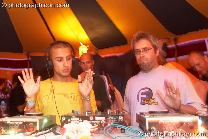 Bedouin (Domo Records) and Nadi (Domo Records) deny all knowledge of DJing in the Progressive Tent at Planet Bob's Offworld Festival 2007. Swindon, United Kingdom. © 2007 Photographicon