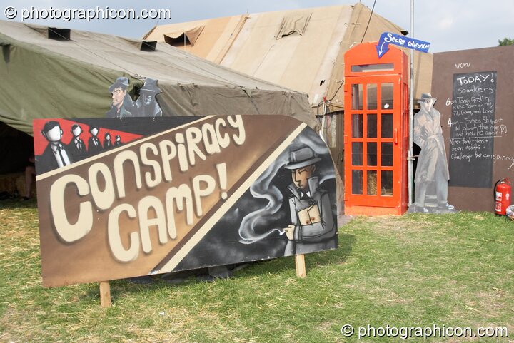 Signage outside the Conspiracy Camp at the Secret Garden Party 2008. Huntingdon, United Kingdom. © 2008 Photographicon