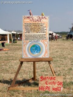 A sign advertising Shamanic exercises in the Global Tribal Village at Sunrise Celebration 2006. Yeovil, United Kingdom. © 2006 Photographicon