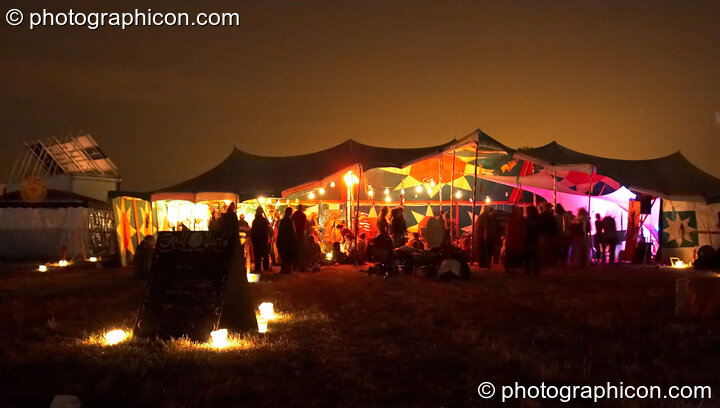 Night time view of the Small World Solar Stage at Sunrise Celebration 2006. Yeovil, United Kingdom. © 2006 Photographicon