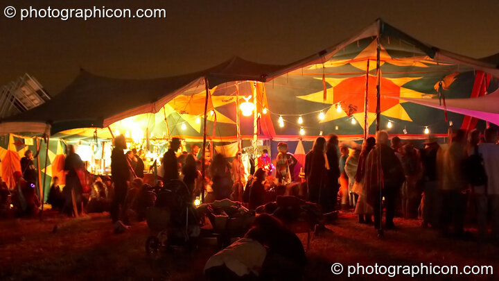 Night time view of the Small World Solar Stage at Sunrise Celebration 2006. Yeovil, United Kingdom. © 2006 Photographicon