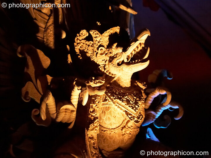 Wooden carving at the heart of the Nectar Temple in the Visionary Arts And Culture area at Sunrise Celebration 2006. Yeovil, United Kingdom. © 2006 Photographicon