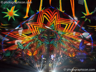 Bright light shines through Tribe of Frogs decor in the Waveform Dance Tent at Sunrise Celebration 2007. Yeovil, United Kingdom. © 2007 Photographicon