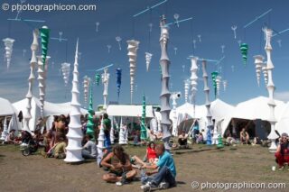 People chilling amongst hanging decor in the ID Spiral Arena at Sunrise Celebration 2007. Yeovil, United Kingdom. © 2007 Photographicon