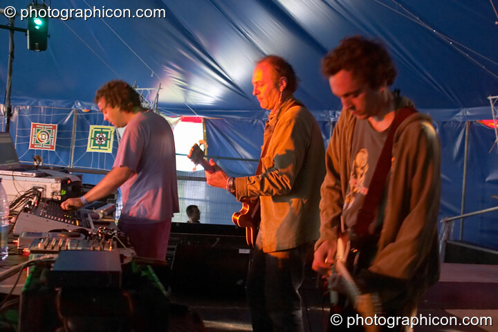 Ott, Youth, and Simon of Hallucinogen in Dub playing at the Turaya Gathering 2004. Wimborne, United Kingdom. © 2004 Photographicon