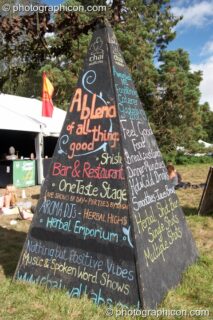 A pyramidal menu board outside the Chai Wallah cafe at Waveform Project 2007. Kenton, Exeter, United Kingdom. © 2007 Photographicon