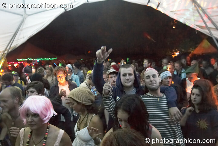 Dancers in the Gaia Chill dome at Waveform Project 2007. Kenton, Exeter, United Kingdom. © 2007 Photographicon