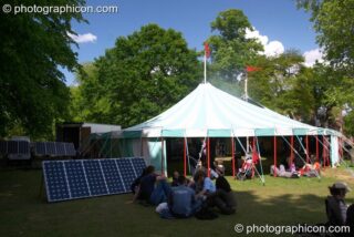 Outside the Ozone marquee are the solar panels that powers the stage within at Kingston Green Fair 2005. Kingston Upon Thames, United Kingdom. © 2005 Photographicon