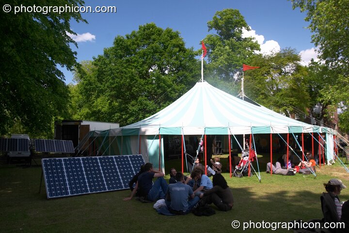 Outside the Ozone marquee are the solar panels that powers the stage within at Kingston Green Fair 2005. Kingston Upon Thames, United Kingdom. © 2005 Photographicon
