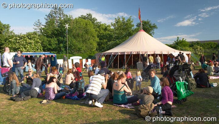 Outside the Sacred Dance Tent in the Healing Area at Kingston Green Fair 2005. Kingston Upon Thames, United Kingdom. © 2005 Photographicon