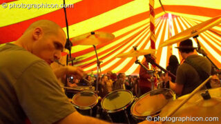 Dee Marcou and Andy Furlow of Step 13 playing on the Tadpole Stage at Kingston Green Fair 2006. Kingston upon Thames, United Kingdom. © 2006 Photographicon