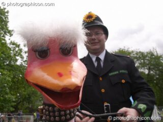 Green Police ride on the back of an emu at the London Green Lifestyle Show 2005. London, United Kingdom. © 2005 Photographicon