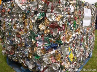 A large compressed block of drink cans at the London Green Lifestyle Show 2005. London, United Kingdom. © 2005 Photographicon