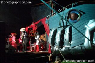 The Fish Bros perform on the Mutoid Waste pirate ship at the Lost Vagueness Summer Party 2004. Lewes, United Kingdom. © 2004 Photographicon