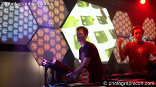 Benji Vaughan and Simon Posford of Younger Brother in the main room at the Twisted Records Label Party. Background projections by Inside-Us-All. London, United Kingdom. © 2006 Photographicon