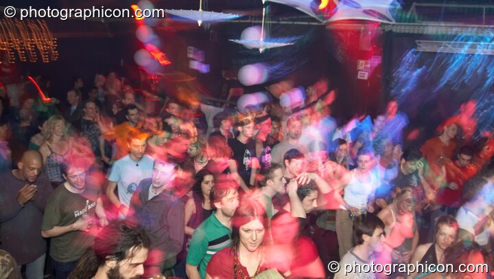 People dancing under decor by Fluffly Mafia in the Psychedelic Rollercoaster Room at Chrysalid. London, United Kingdom. © 2006 Photographicon