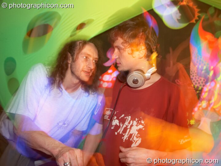 Kuba DJing with a little help from Tim in the Funky Beats Chillout at Chrysalid. London, United Kingdom. © 2006 Photographicon