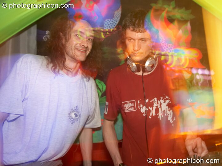 Kuba DJing with a little help from Tim in the Funky Beats Chillout at Chrysalid. London, United Kingdom. © 2006 Photographicon
