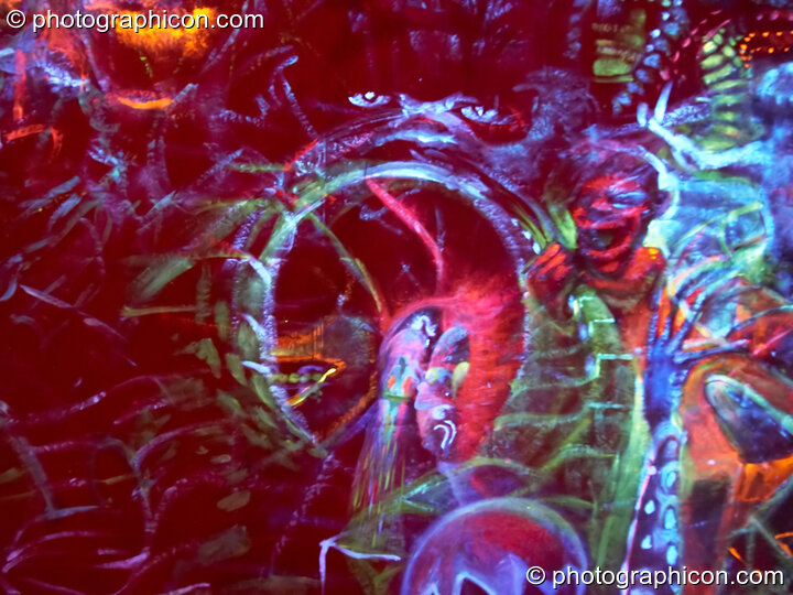 Dynamic backdrop artwork being painted by UV Lab (and passing guests) live in the anti-room at Chrysalid. London, United Kingdom. © 2006 Photographicon