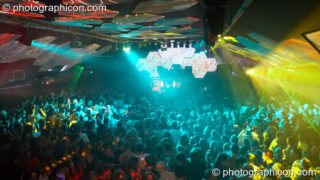 The main room at the Twisted Records 10th Birthday Party featuring hexagonal screens and projections by Inside-Us-All. London, United Kingdom. © 2006 Photographicon