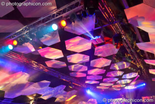 The main room at the Twisted Records 10th Birthday Party featuring hexagonal screens and projections by Inside-Us-All. London, United Kingdom. © 2006 Photographicon