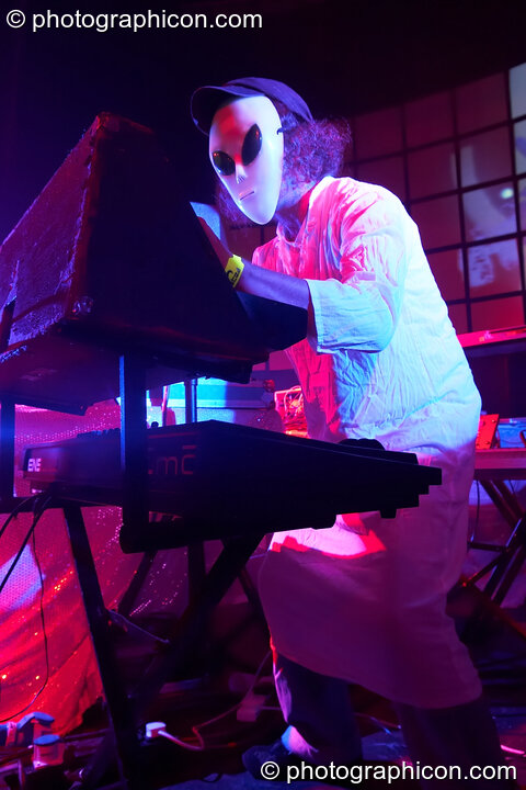Joie Hinton of Eat Static performs in a space alien mask on the Main Stage at the Twisted Records concert. London, United Kingdom. © 2007 Photographicon