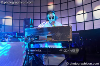 Joie Hinton of Eat Static performs in a space alien mask on the Main Stage at the Twisted Records concert. London, United Kingdom. © 2007 Photographicon