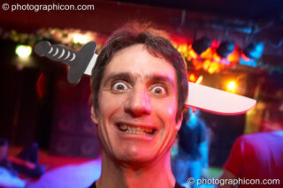 Dominic's self-portrait of a man with a stabbing headache at the Pukka / Interpole / Mindscapes Halloween party. London, United Kingdom. © 2007 Photographicon