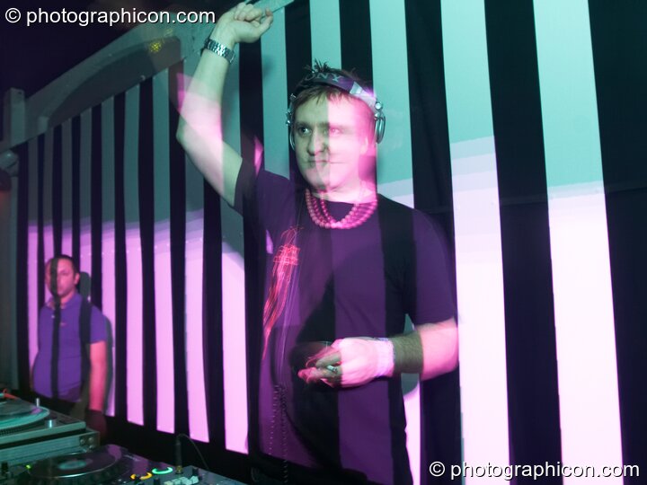 Dave Green DJ's in front of a video installation by Pixel Addicts featuring bar screen and VJ projections at Dave Green's birthday party. London, United Kingdom. © 2007 Photographicon
