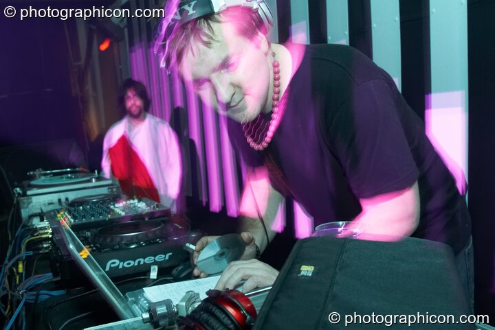 Dave Green DJ's in front of a video installation by Pixel Addicts featuring bar screen and VJ projections at Dave Green's birthday party. London, United Kingdom. © 2007 Photographicon