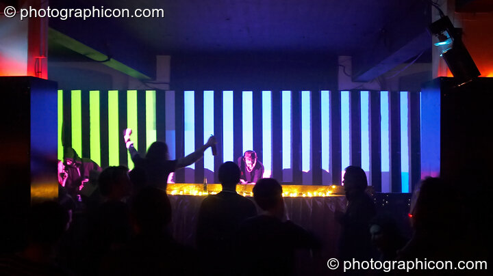 Dave Green DJ's in front of a video installation by Pixel Addicts featuring bar screen and VJ projections at Dave Green's birthday party. London, United Kingdom. © 2007 Photographicon