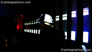 Louise Gandolfi (Chillosophy / IDSpiral, UK) DJ's in front of a video installation by Pixel Addicts featuring bar screen and VJ projections at Dave Green's birthday party. London, United Kingdom. © 2007 Photographicon