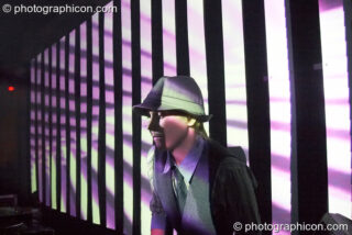 Louise Gandolfi (Chillosophy / IDSpiral, UK) DJ's in front of a video installation by Pixel Addicts featuring bar screen and VJ projections at Dave Green's birthday party. London, United Kingdom. © 2007 Photographicon
