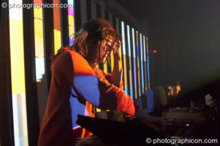 Liquid Ross (Liquid Records, UK) DJ's in front of a video installation by Pixel Addicts featuring bar screen and VJ projections at Dave Green's birthday party. London, United Kingdom. © 2007 Photographicon