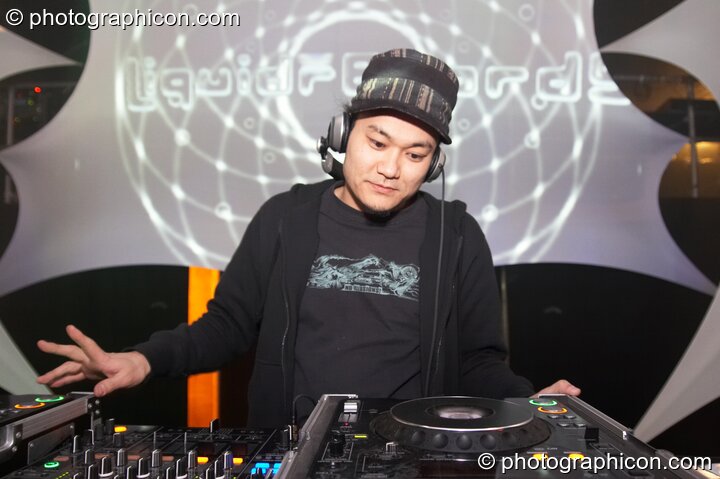 Nori (Posivison, JP) DJs on the Liquid Records & Tribe of Frog stage at Alpha Omega. London, United Kingdom. © 2008 Photographicon