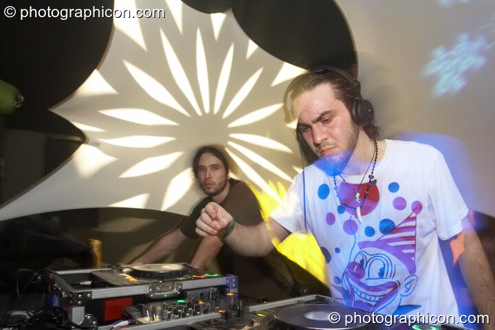 Tron vs Beatnik (botth Liquid Records) DJs on the Liquid Records & Tribe of Frog stage at Alpha Omega. London, United Kingdom. © 2008 Photographicon