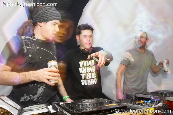 Far Too Loud (Funkatech/Archangel^) DJ on the Archangel & Nu-school Hippies stage with visual projections by VJ Air / Inside-Us-All at Alpha Omega. London, United Kingdom. © 2008 Photographicon