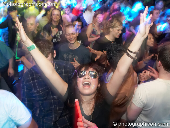 A woman dances in the Liquid Records & Tribe of Frog room at Alpha Omega. London, United Kingdom. © 2008 Photographicon