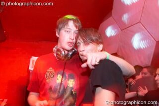 Hamish (Further Project/Alchemy) hugs Ralph Braincell while DJing on the Furthur Project & Crystal Yamantaka stage at Alpha Omega. London, United Kingdom. © 2008 Photographicon