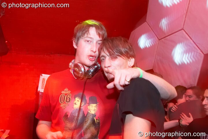 Hamish (Further Project/Alchemy) hugs Ralph Braincell while DJing on the Furthur Project & Crystal Yamantaka stage at Alpha Omega. London, United Kingdom. © 2008 Photographicon